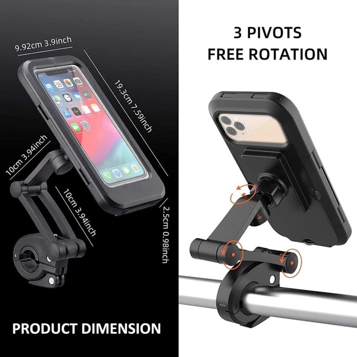 Waterproof Motorcycle and Bicycle Handlebar Phone Mount with 360° Rotation, 3-Pivot Adjustable Arm, Touch Screen Case Holder | Fit 4-7.2 Inches All Smartphones