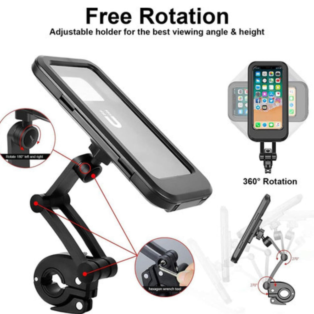 Waterproof Motorcycle and Bicycle Handlebar Phone Mount with 360° Rotation, 3-Pivot Adjustable Arm, Touch Screen Case Holder | Fit 4-7.2 Inches All Smartphones