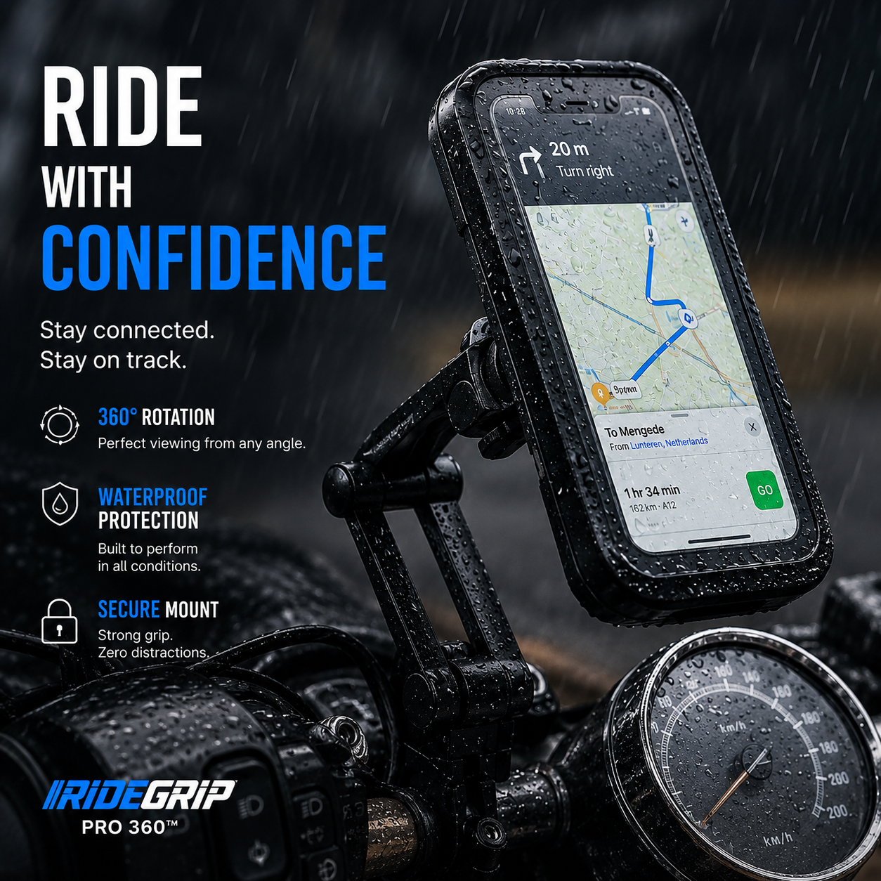 Phone mount on a motorcycle with app display, raindrops, and IrideGrip branding.