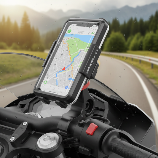 RideGrip Pro 360 waterproof motorcycle phone holder mounted on handlebar